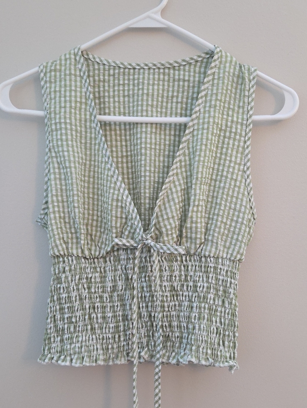 Sleeveless Smocked Green Check Tie-Front Top